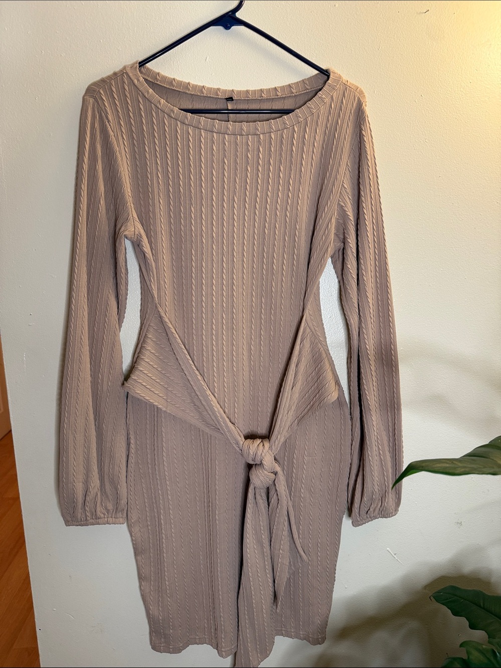 Taupe Cable Knit Tie Front Long Sleeve Mini Sweater Dress Medium